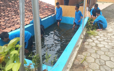 Semangat Adiwiyata! MTsN 5 Kulon Progo Gelar Bersih-Bersih Kolam dalam Agenda 